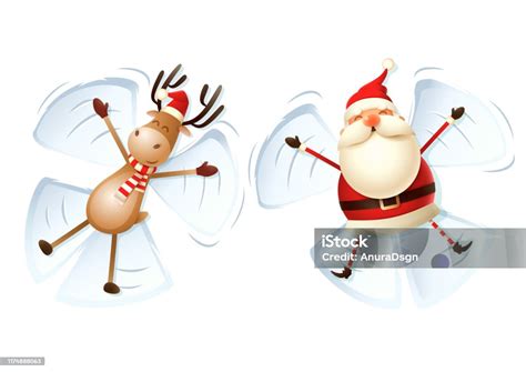 Santa Claus And Reindeer Make Angels In Snow Vector Illustration