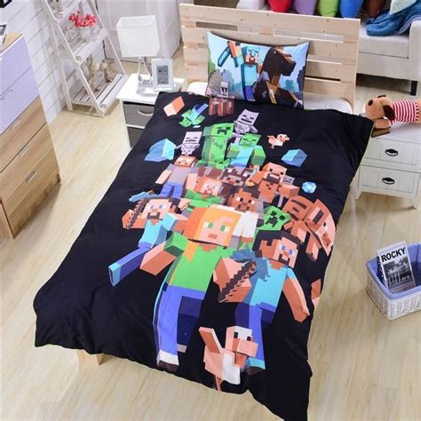 The Bed Is Made Up With Minecraft Sheets And Pillowcases On Top Of It