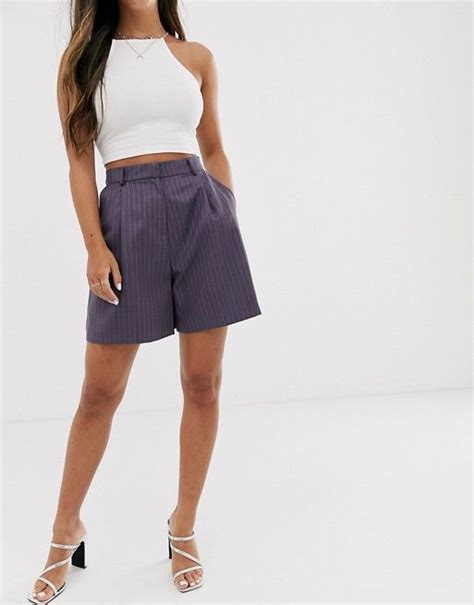 Order now with multiple payment and delivery options, including free and unlimited next day. ASOS DESIGN Petite mom suit shorts in purple pinstripe ...