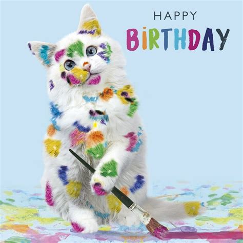 Cat Birthday Card White Cat Painted Paw Prints Funny Cat Lovers