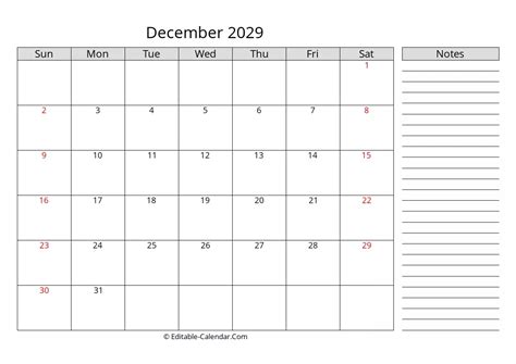Download December 2029 Calendar With Notes Weeks Start On Sunday