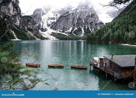 Lago Di Braies In Italy With Beautiful Little Boats Stock Image Image