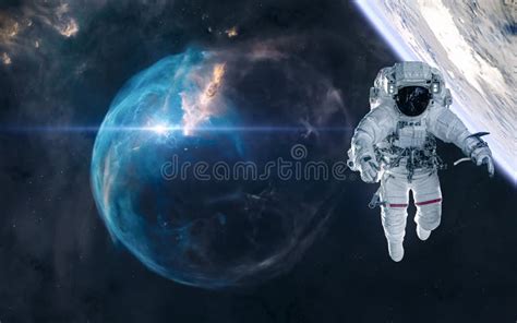 Astronaut And Planet In Deep Space On Background Bubble Nebula Science