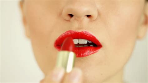 Woman Applying Red Lipstick Close Stock Footage Video 100 Royalty