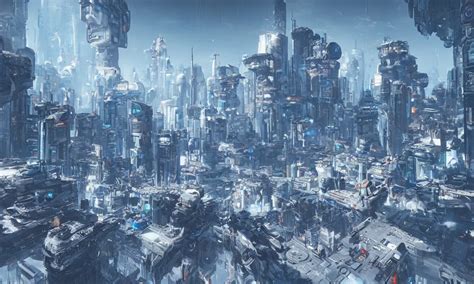 Futuristic Sci Fi Cyberpunk Snow City Floating Above Stable