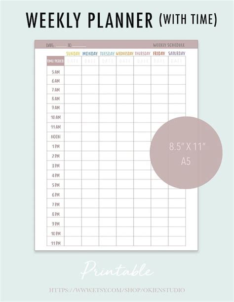Weekly Calendar Printable Time Slot 5am Through 11pm Weekly Etsy