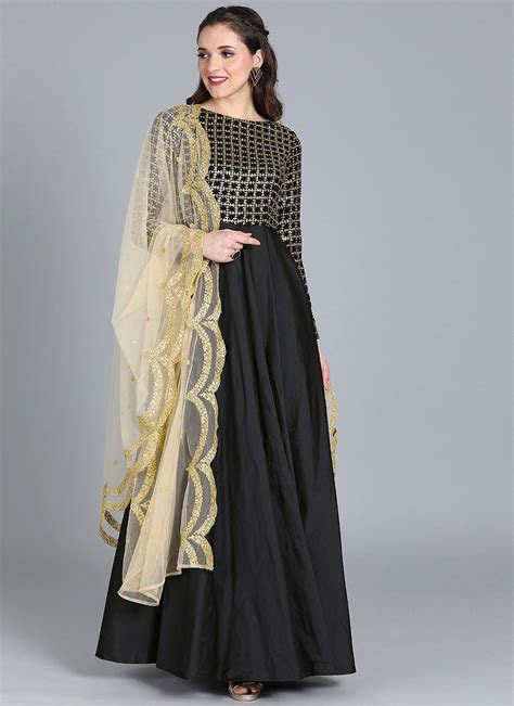 Shop Beige N Black Embroidered Dupatta N Gown Made To Measure Dress