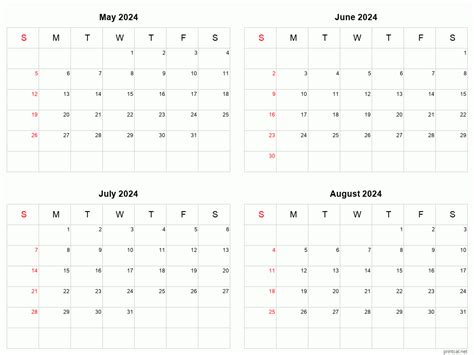 May To August 2024 Printable Calendar Four Months Per Page Printable