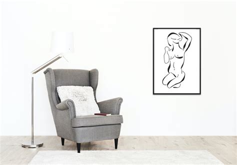 Nude Art Woman Drawing Print Printable Female Nude Wall Art Standing Female Black And White