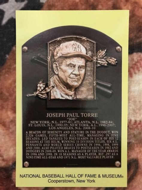 Joe Torre Postcard Baseball Hall Of Fame Induction Plaque Cooperstown