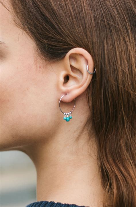 Turquoise Gemstone Bead Drop Hoop Earrings Turquoise Hoop Earrings