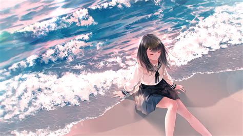 2048x1152 Anime Girl Sitting Waves School Uniform 4k 2048x1152