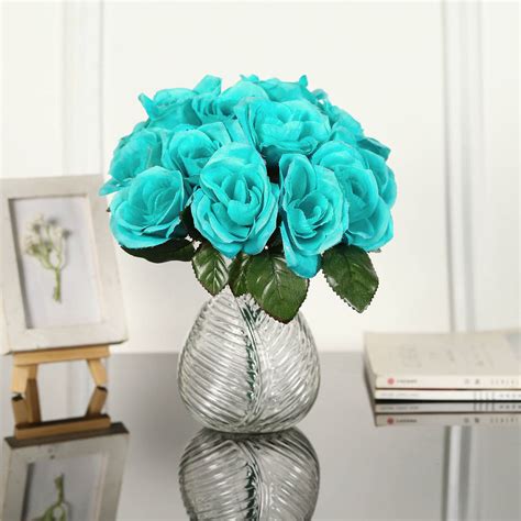12 Turquoise Artificial Velvet Rose Bouquet Bush