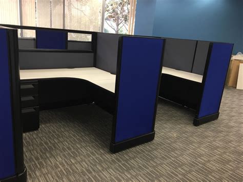 5×5 glass cubicles 53 hieght royal blue charcoal fabric and black trim h and v custom office