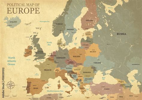 Map Of Europe With Capitals Vintage Texture Englishus Language