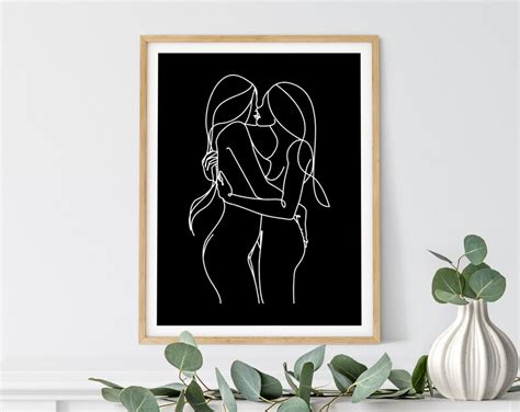 couple line drawing lesbians sketch woman kissing art etsy