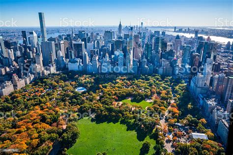 New York City Skyline Central Park Autumn Foliage Aerial View Stock
