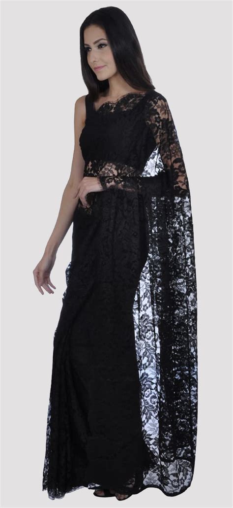 Black French Chantilly Lace Saree With Pure Crepe Blouse Indian