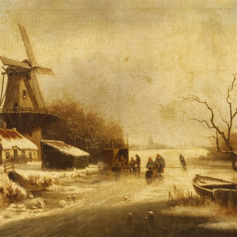 Antique Dutch Winter Landscape Painting Of The 19th Century For Sale