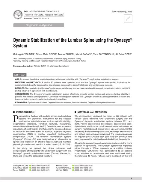 PDF Dynamic Stabilization Of The Lumbar Spine Using The Dynesys System