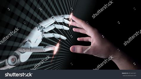 Hands Of Robot And Human Touching Virtual Reality Or Artificial
