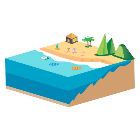 3d sandy beach landscape concept vector illustration sandy beach vector with surfboard and