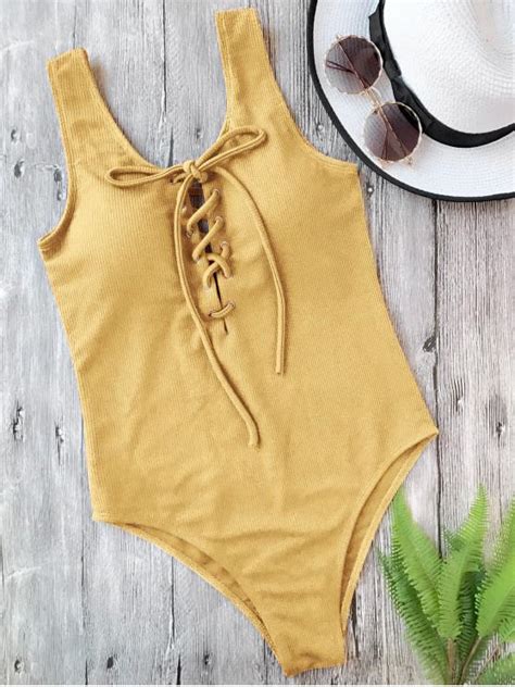 19 Off 2020 Textured Padded Lace Up One Piece Swimsuit In Ginger Zaful
