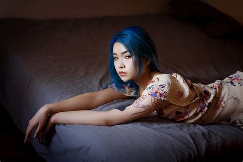 wallpaper model asian blue hair dyed hair looking at viewer pierced eyebrow pink