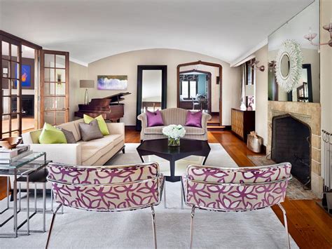 Beige Living Room With Striking Purple Patterned Benches