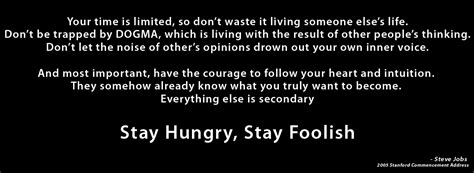 While this likely will have different meanings to different people, here is what it means to me. Steve Jobs - Stay Hungry, Stay Foolish — Michel Triana