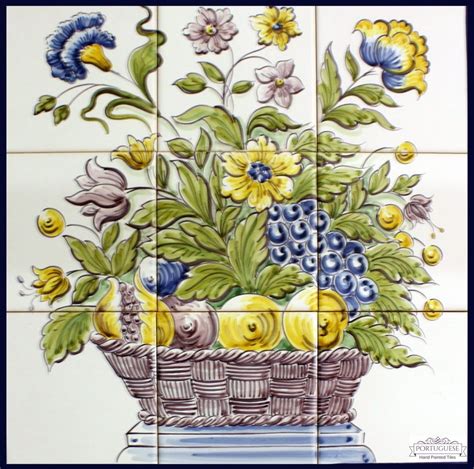 Portuguese Hand Painted Flower Vase Tile Mural Azulejos A Beautiful