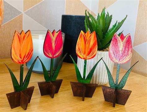 Set Of 2 Wooden Hand Painted Tulip Flowers Home Decorative Etsy