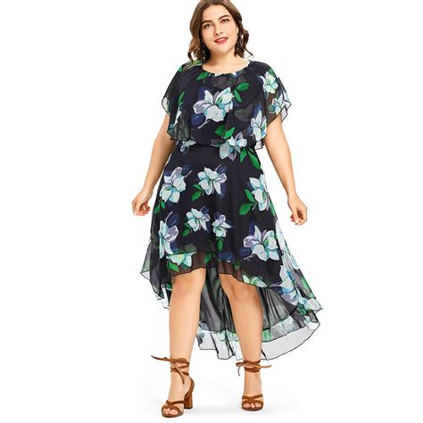 Wipalo Plus Size 5xl O Neck Casual Capelet Flower Print Flowy Summer Dress Asymmetrical Short