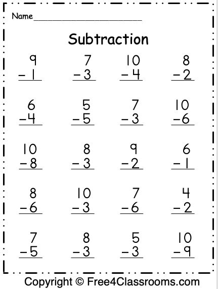 Free Printable Math Subtraction Worksheets