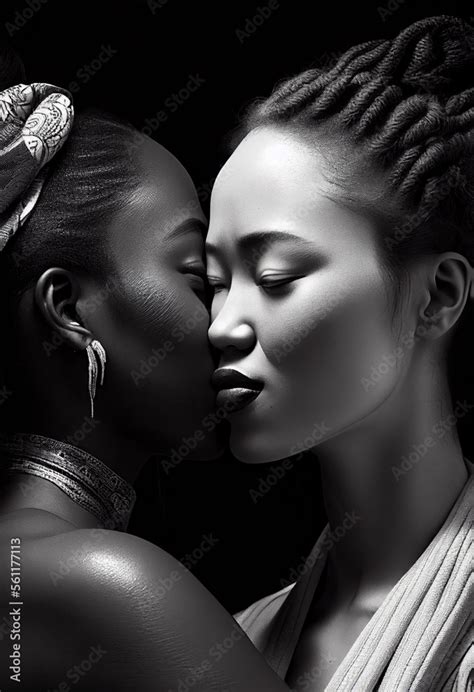 Lesbian Couple Kissing Biracial Couple Black Woman And Japanese Woman Generative AI