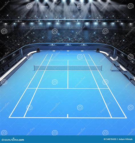 Blue Hard Surface Tennis Court And Stadium Full Of Spectators With