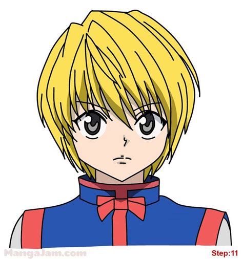 An Anime Character With Blonde Hair Wearing A Blue Shirt And Red Bow
