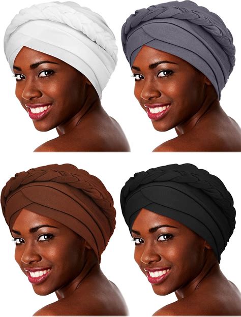4 pieces african turban hijab braid silky turban hats braid hair cover wrap turban headwear for