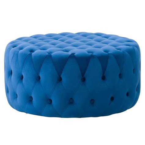 Corliving Lynwood Large Round Tufted Blue Velvet Ottoman Homesquare