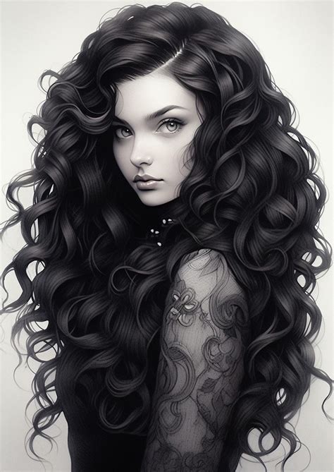 A Drawing Of A Woman With Long Black Hair And Tattoos On Her Arm