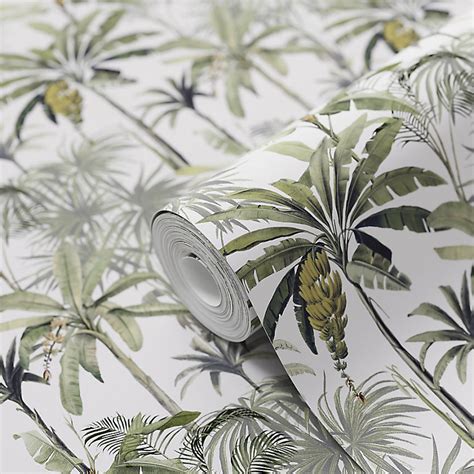 Goodhome Pirit Cream And Green Banana Leaves Textured Wallpaper Diy At Bandq