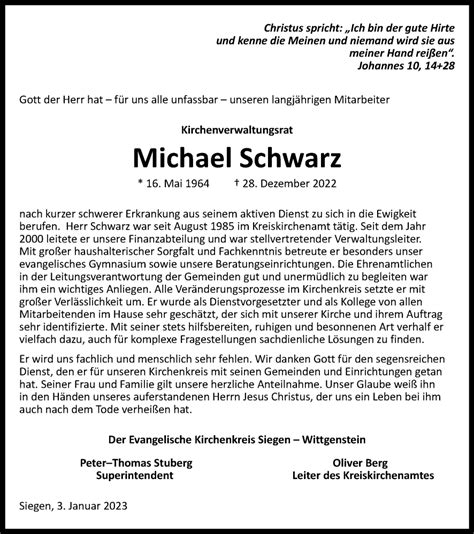 Traueranzeigen Von Michael Schwarz Trauer In Nrw De