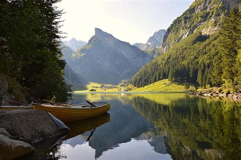 Water River Lake Mountains Alpine Boat Forest Trees Switzerland