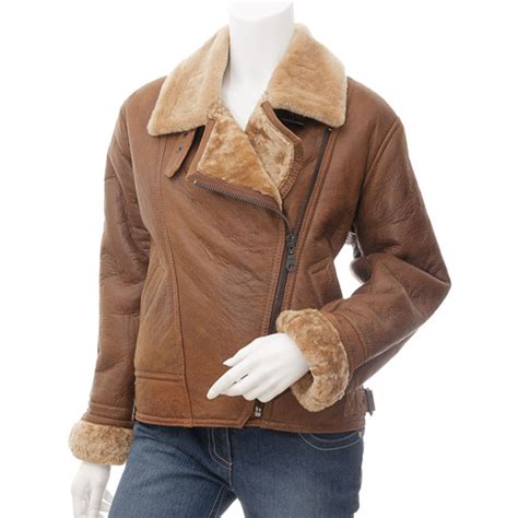 Womens Tan Bomber Sheepskin Leather Flying Jacket Blazon Leather