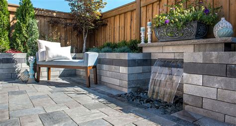 Laying patterns can be running bond, herringbone, or basket weave. Unilock Lineo Wall & Water Feature with Richcliff ...