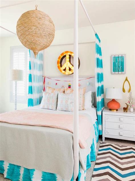Orange And Turquoise Teen Girl Bedroom With Peace Sign Marquee Light