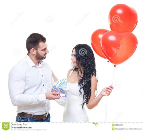 Handsome Elegant Guy Is Presenting A T Card With Russian Money And Balloons To His Beautiful