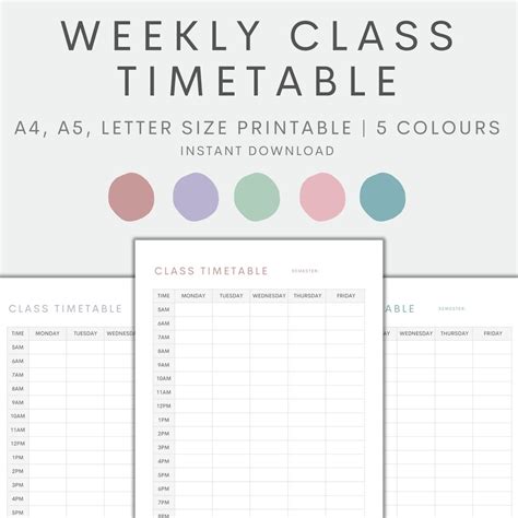 Weekly Class Timetable Printable Class Schedule Student Etsy
