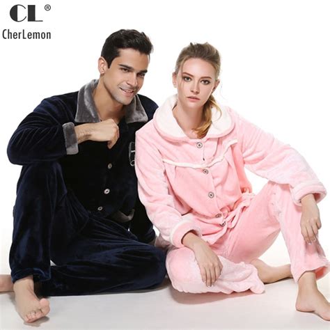 cherlemon men and womens coral fleece nightwear autumn winter warm flannel couple pajamas