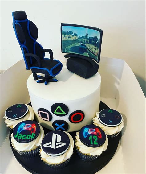 Playstation Gamer Birthday Cake And Cupcakes With Edible Gaming Chair